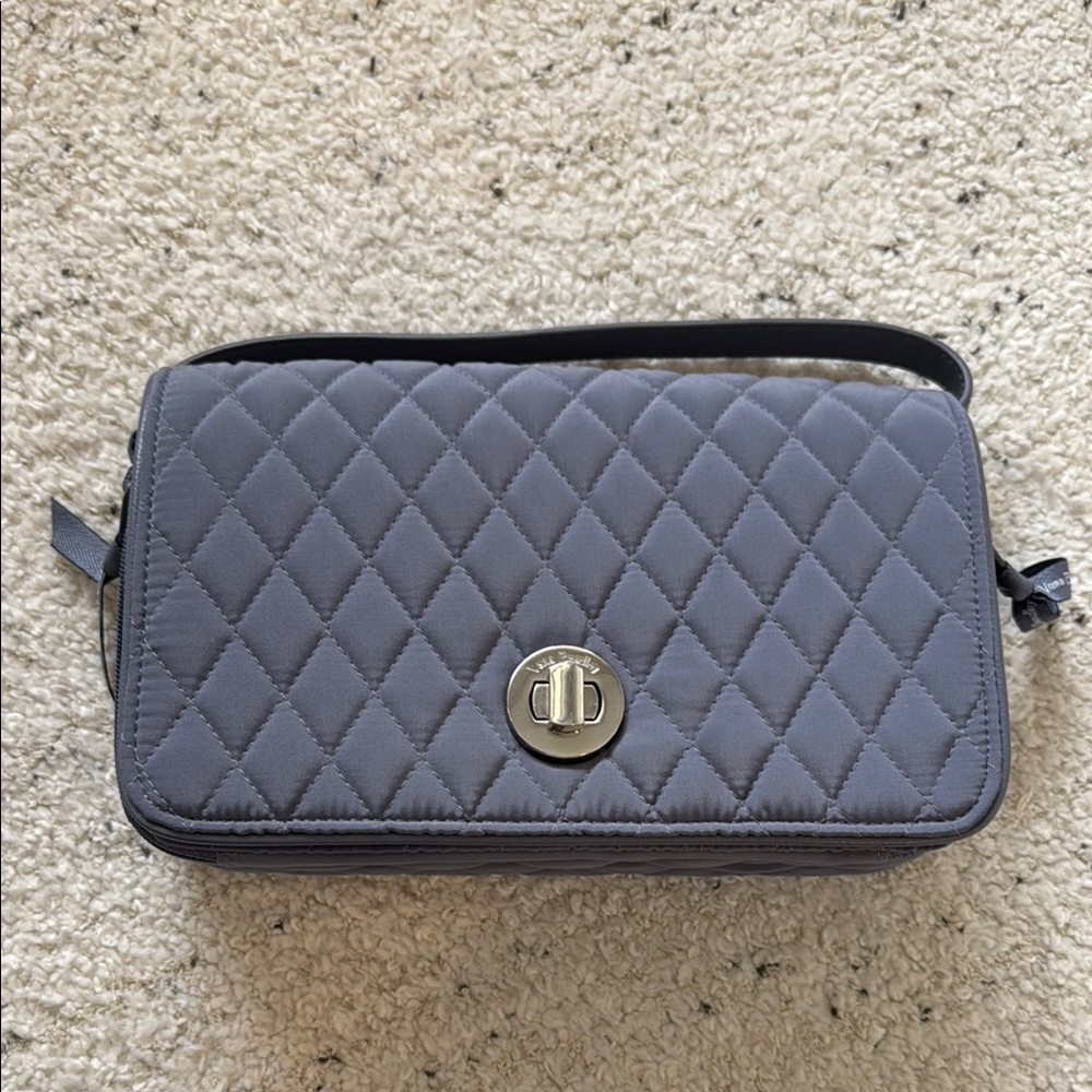 Quilted Gray/Blue Crossbody Bag with Turn-Lock Closure